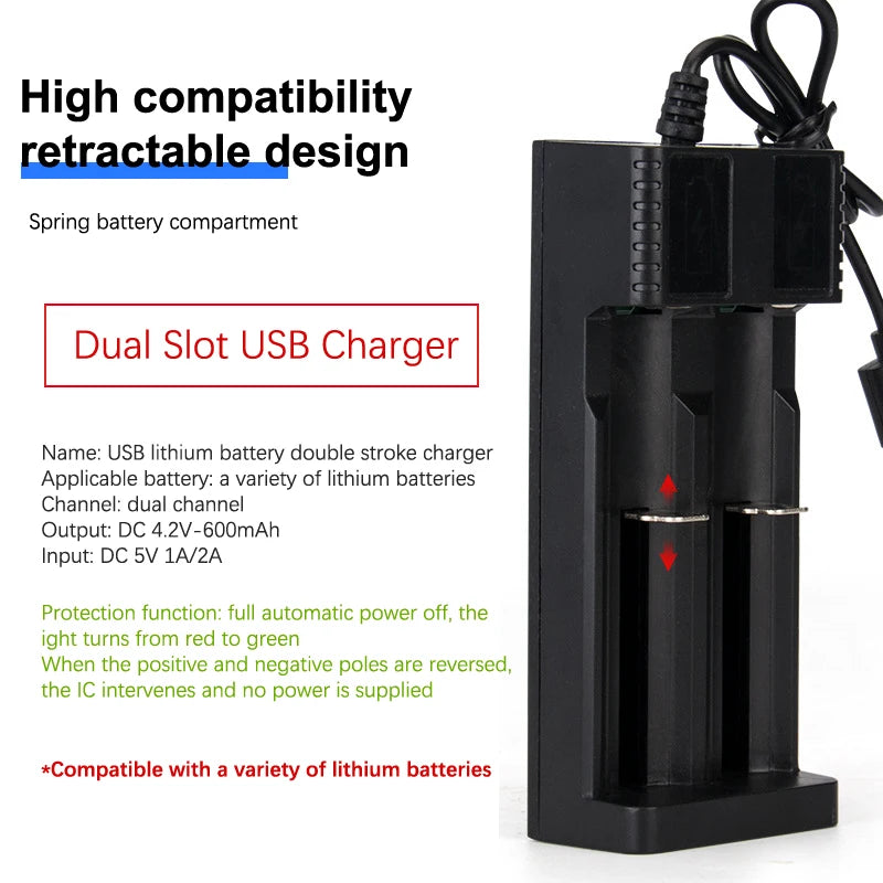 2-Slot Smart 18650 Battery Charger - USB-C Powered Lithium Ion Charger with LED Indicators, Universal Compatibility
