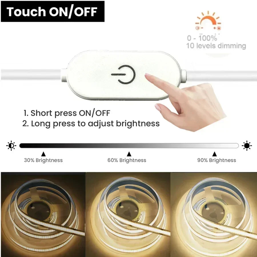 1-5M 5V USB LED Cabinet Light 320LEDs/M LED COB Strip Light Touch Sensor Dimmable Flexible Tape for DIY Backlight Decor Lighting