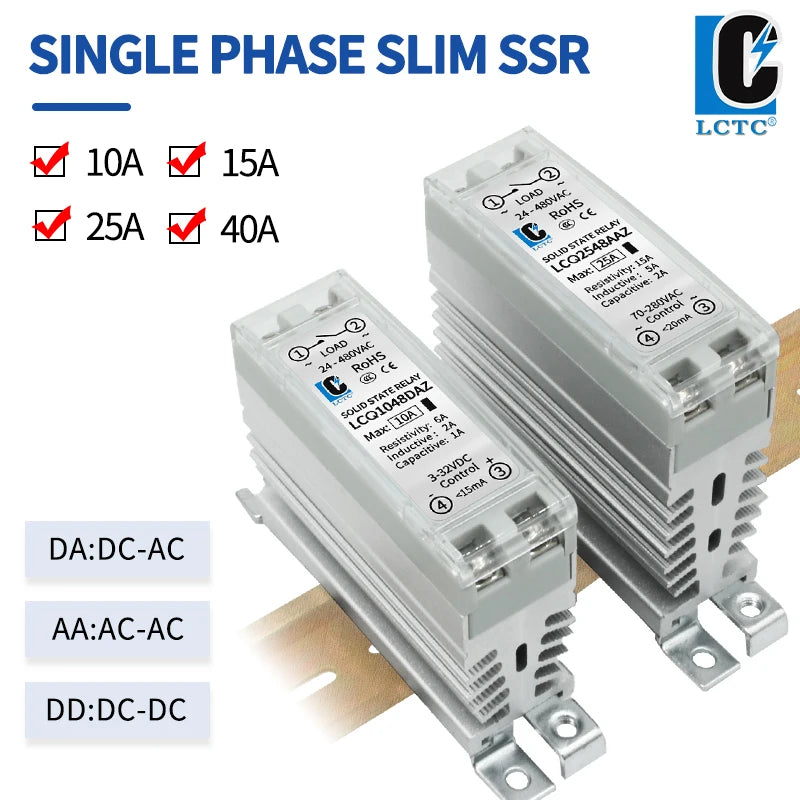 LCTC Solid State Relay DIN Installation DC-AC AC-AC DC-DC Single-Phase Relay With Radiator 10a15a25a40a SSR