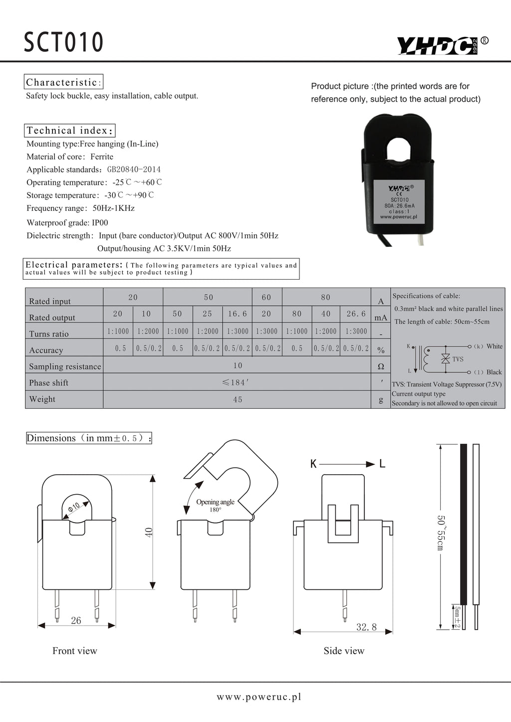YHDC SCT010 Input 20A/50A/60A/80A Output 20mA/10mA/50mA/25mA/16.6mA/26.6mA/40mA/80mA 0.5% Current Transformer