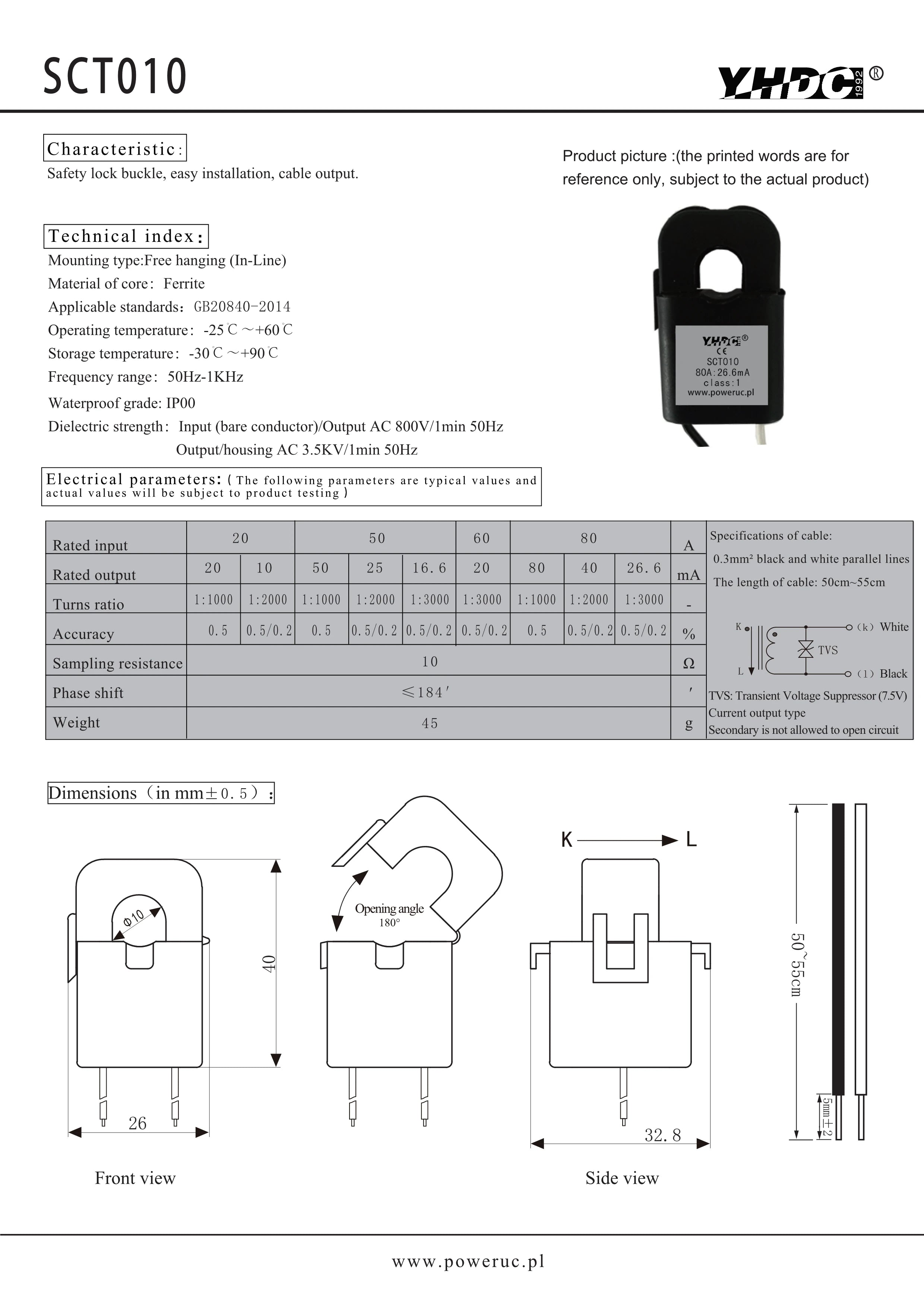 YHDC SCT010 Input 20A/50A/60A/80A Output 20mA/10mA/50mA/25mA/16.6mA/26.6mA/40mA/80mA 0.5% Current Transformer
