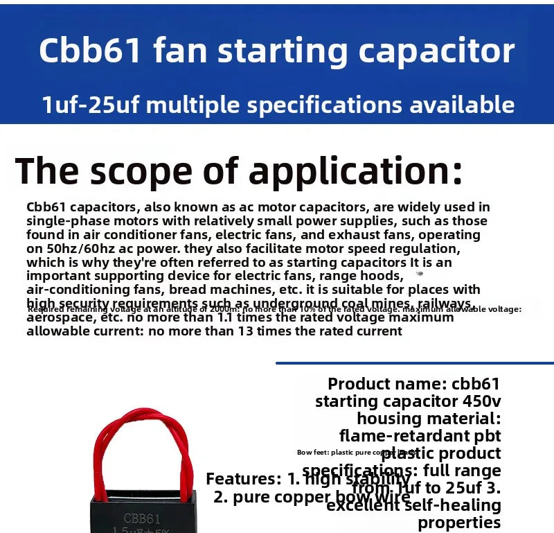 CBB61 Fan Start Capacitor 1.0/1.2/1.5/2.0/2.5/3.0/3.5UF 450V Universal for Ceiling Fans, Range Hoods, Water Pumps