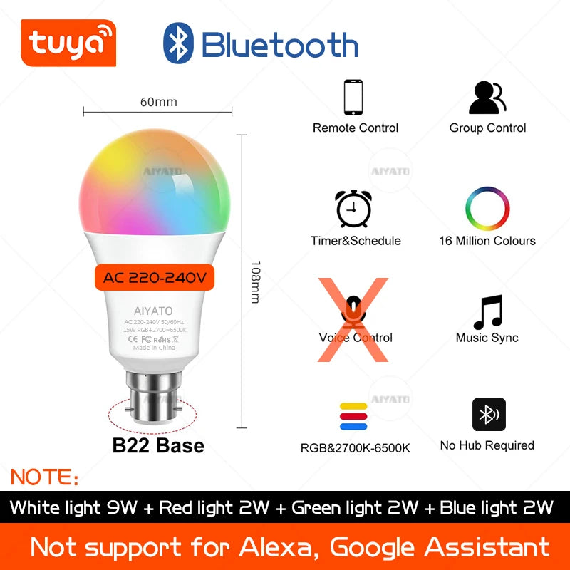 B22 Base UK TUYA Wifi Smart Bulb Bluetooth Lamps Led RGB Smart Light 220V Alexa Google Assisatnt Voice Control Timing APP Group