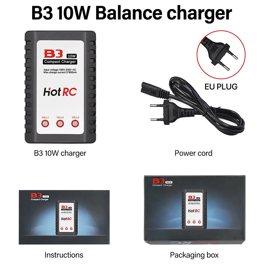 HotRC A400/B3 10W Balance Charger 2S/3S/4S Cells 100V-240V AC EU/US Plug Lipo Battery Fast Charger Remote Control Car Charger