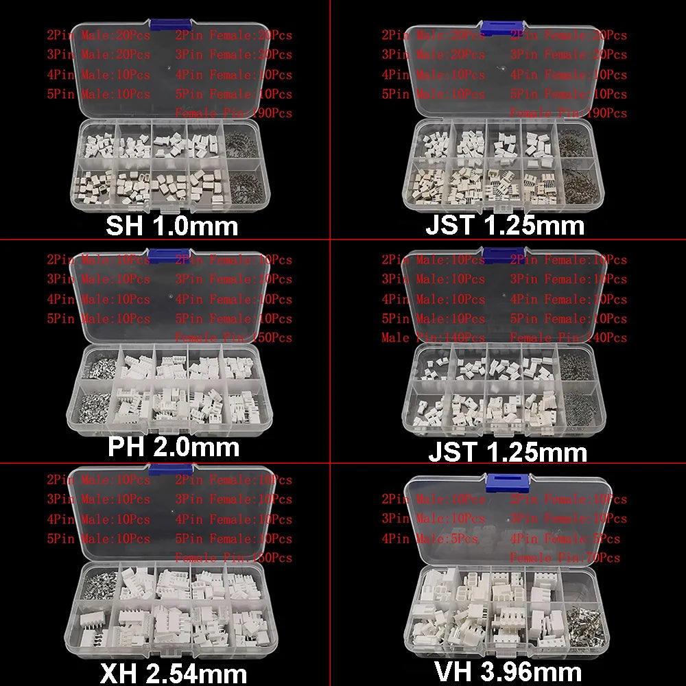 1Box SH 1.0MM/JST 1.25mm/ZH 1.5mm/PH 2.0mm/XH2.54mm/VH 3.96mm Male Plug Female Socket Housing Crimp Terminal Connector Kit