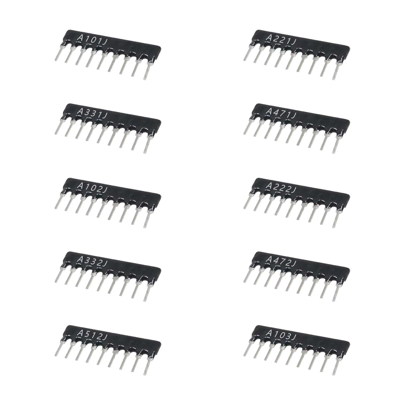 10 Values 9 Pin Radial Network Resistor Kit A101J A221J A331J A471J A102J A222J A332J A472J A512J A103J DIP Array Total 29 Pcs