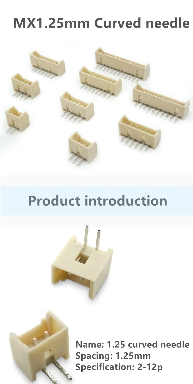50pcs Micro JST MX1.25 Straight needle/curved needle Connector 2Pin~12Pin Male Pin Header Right Angle 90°/180° 1.25mm Pitch