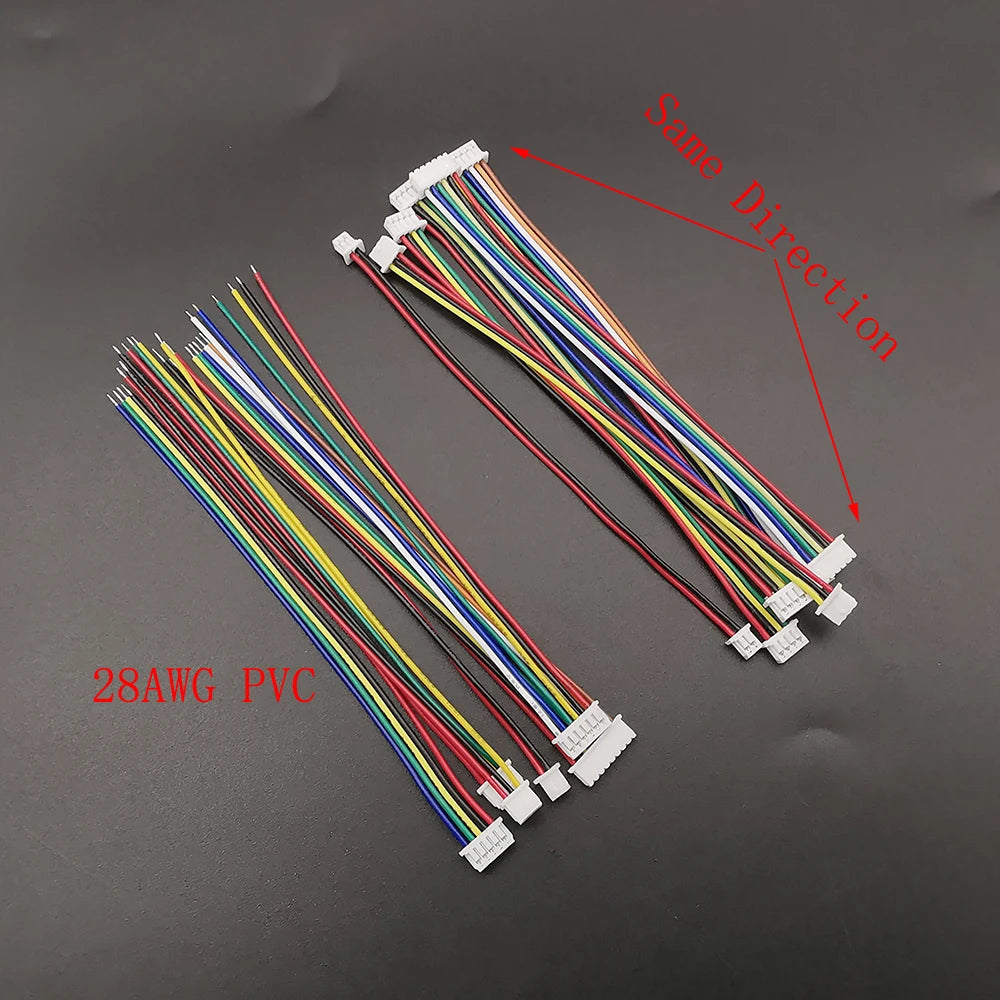 10Pcs Mini JST 1.25mm Pitch MX1.25 2/3/4/5/6/8 Pins Single-ended / Same Direction Female to Female Plugs Wires Connector 28AWG