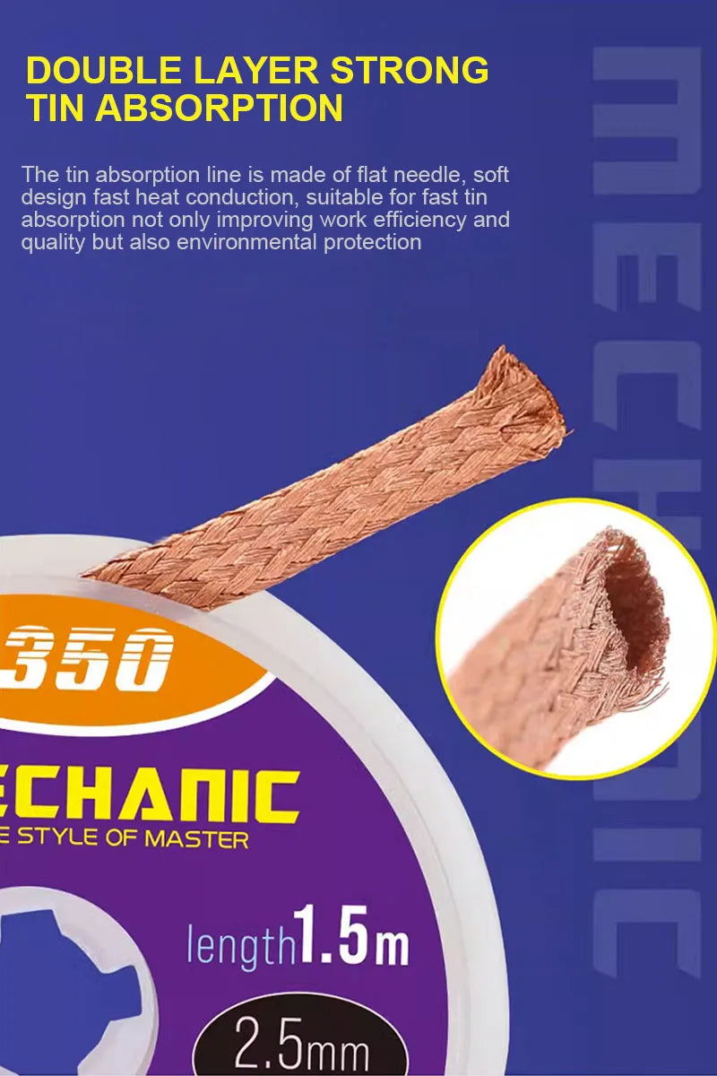 MECHANIC R350 Low Residue Solder Wick 1.0/1.5/2.0/2.5/3.0/3.5/4.0mm Pure Copper Tin Absorption Braid Electronics Repair Cleaning