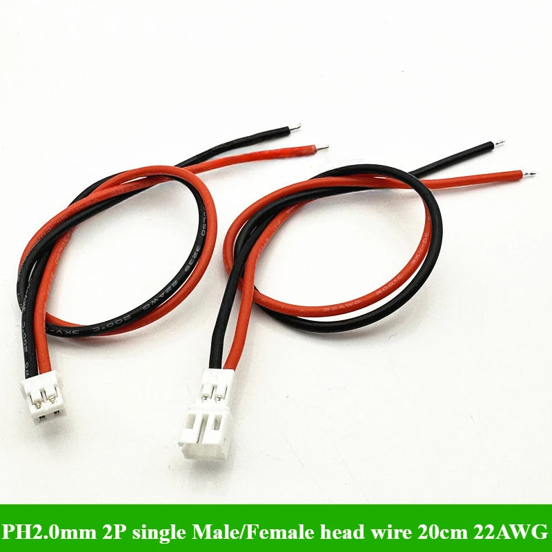 JST PH 2.0mm Pitch 2 Pin Male Female Cable Connector Micro PH2.0 2P Plug Jack Socket with Soft Silicone Wire Cables 20cm 22AWG