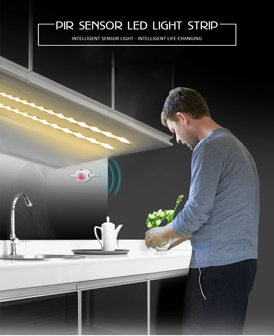 12V PIR Motion Sensor LED Strip Lights Auto On/Off Stair Wardrobe Closet Kitchen Backlight 1M-5M Human Infrared Sensing LED Tape