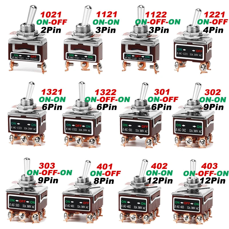 High Current Rocker Switch 2/3/4/6/8/9/12Pin Self Reset/Self-locking Toggle Switch Copper Pin 32A 250VAC Power Button Switch