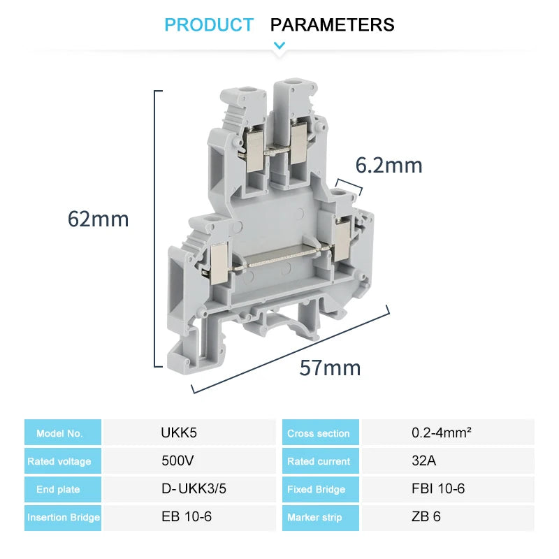 10Pcs UKK/UKKB 5 Double-Level Terminal Block 2 Layer 0.2 - 4 mm² Plug Wire Electrical Screw Connector DIN Rail Termin UKK5 UKKB5