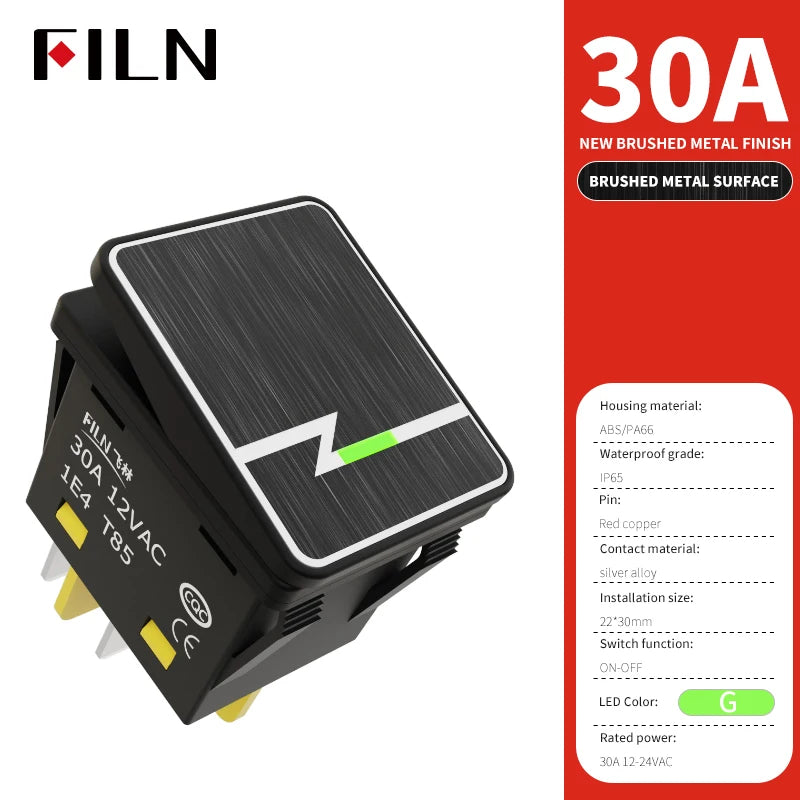 FILN 30A/220V Heavy Duty 4 Pin DPST IP67 Sealed Waterproof T85 Auto Boat Marine Toggle Rocker Switch with LED 12V 220V 30x22