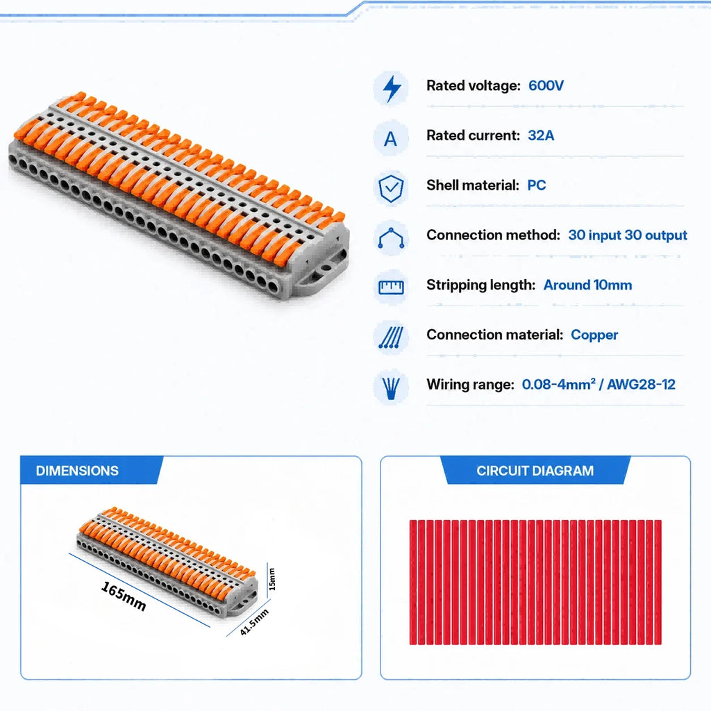 2P-30P Lever Electrical Wire Connector Terminal Block Electrical Cable Connectors Wire Terminals 1 In 1 Out Screw Mount 600V 32A