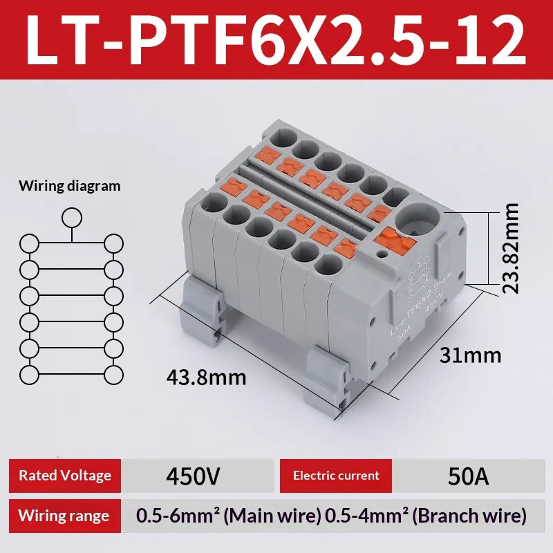Push-in Terminal Block PTF6X2.5mm One in Multiple Out Splitter Spliceable Wire Connectors DIN Rail Junction Box Electrical Joint