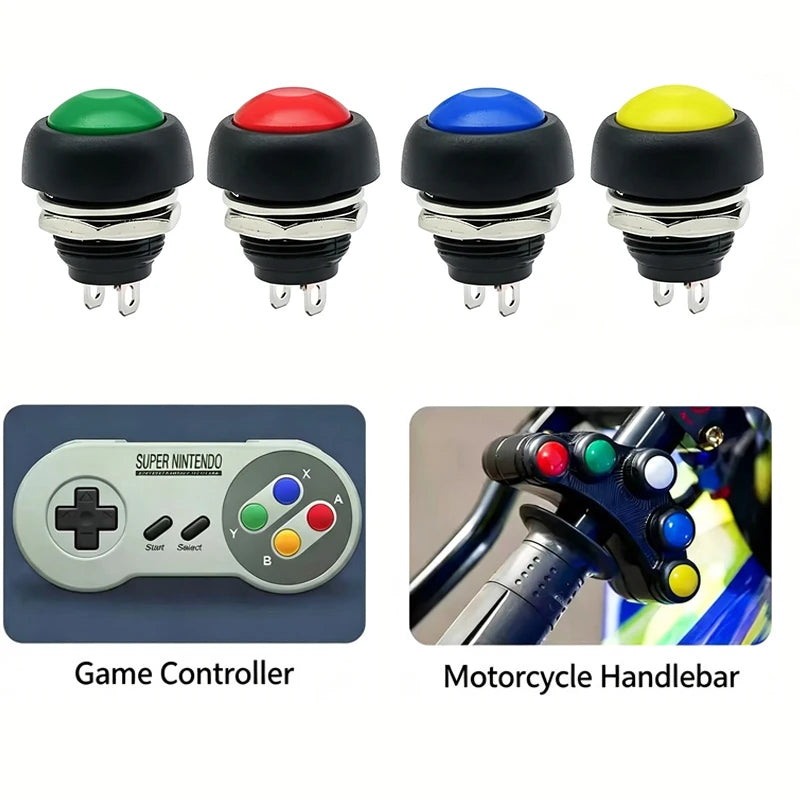 6PCS PBS-33B 12mm 2Pin Waterproof Momentary Push Button Switch 12V 1A Mini Reset Non-Locking Red Green Yellow Blue White Black