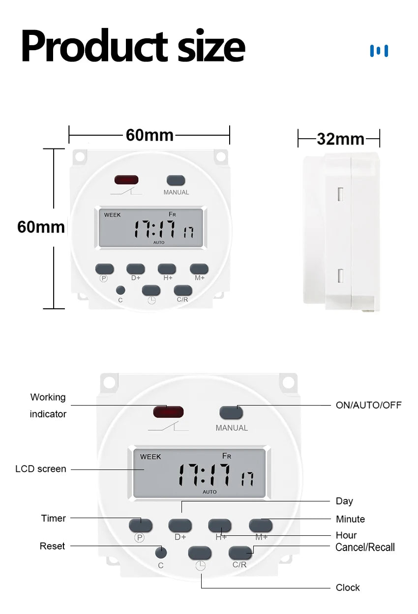 CN101A Digital Microcomputer 7Days Weekly Programmer Electronic Timer Switch 220V Time Relay with Countdown 12V DC for Light Fan