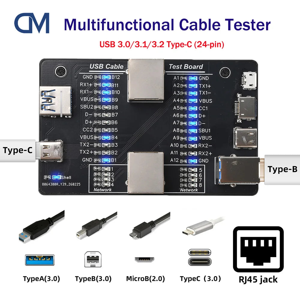 USB 3.0 Cable Tester Multifunctional Fault Detector Support RJ45/Lightning/Micro-B Test Wire Charging Tests Tool
