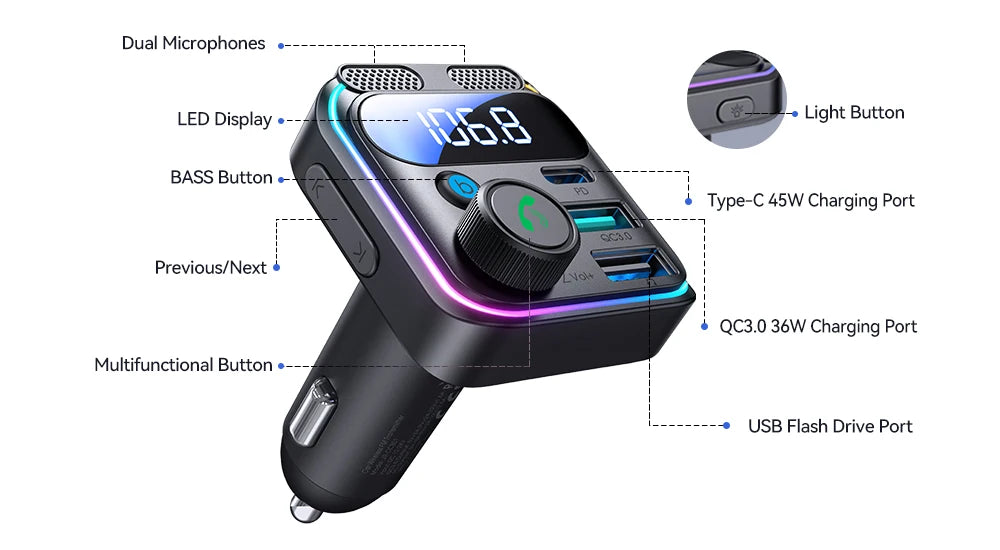 Joyroom Bluetooth 6.0 FM Transmitter with PD 45W&QC3.0 Fast Charger Bluetooth Car Adapter Portable Car AUX Radio Modulator MP3