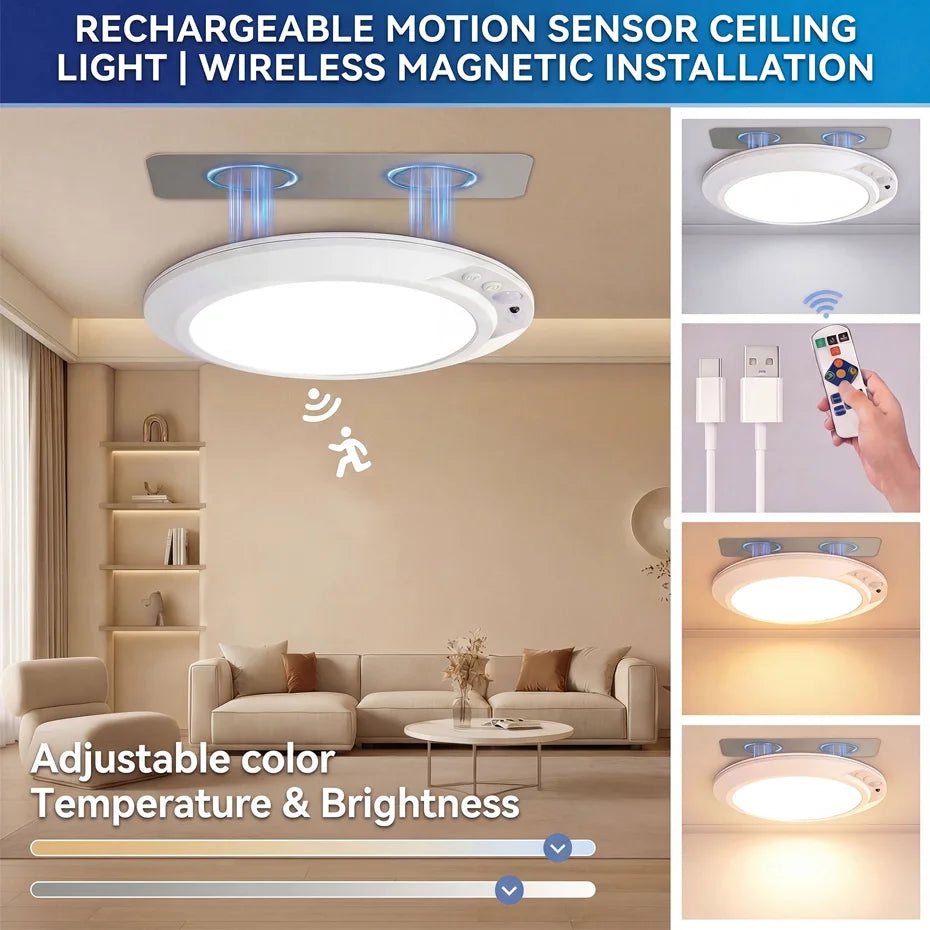 Magnetic Rechargeable Ceiling Light Motion Sensor Wireless Wall Lamp with Remote Dimmable 3000K-6000K for Closet Stairs