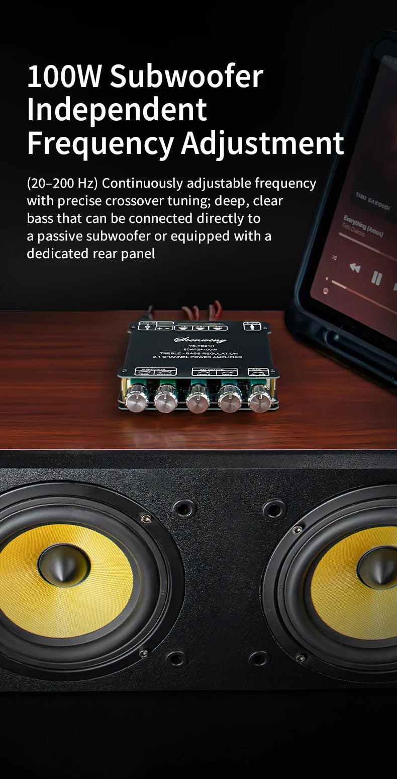 YS-TB21H TPA3116 Bluetooth 5.1 Audio Amplifier Board 2.1 Channel 50Wx2+100W Subwoofer APP Control HiFi Stereo Power Amp