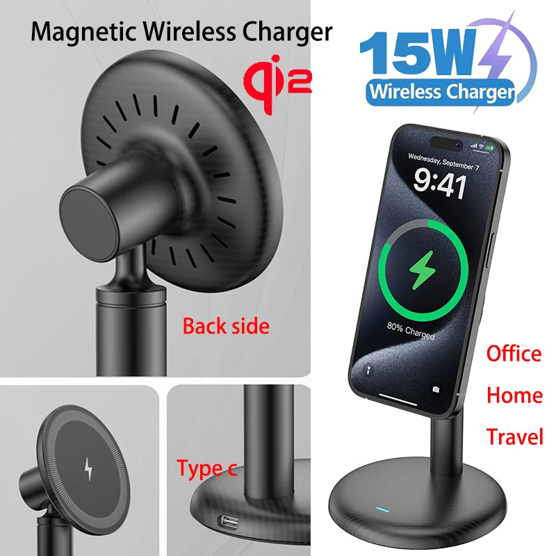2025 15W Wireless Charger Stand For Magsafe iPhone 17 16 15 14 13 12 Pro Max Qi2 Fast Charging Station for Office Home Travel