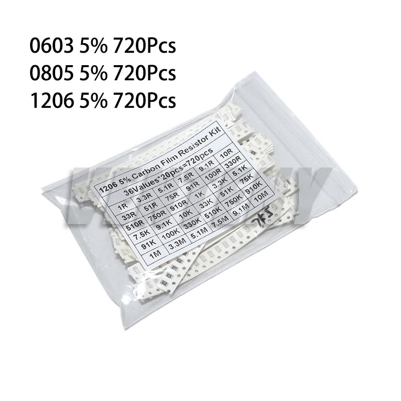 720Pcs 1206 5% SMD Resistor 0805 0603 Resistors Assorted Kit 36 Values Each 20pcs 1R-10M 10K 100K 1K 100R Resistance Set