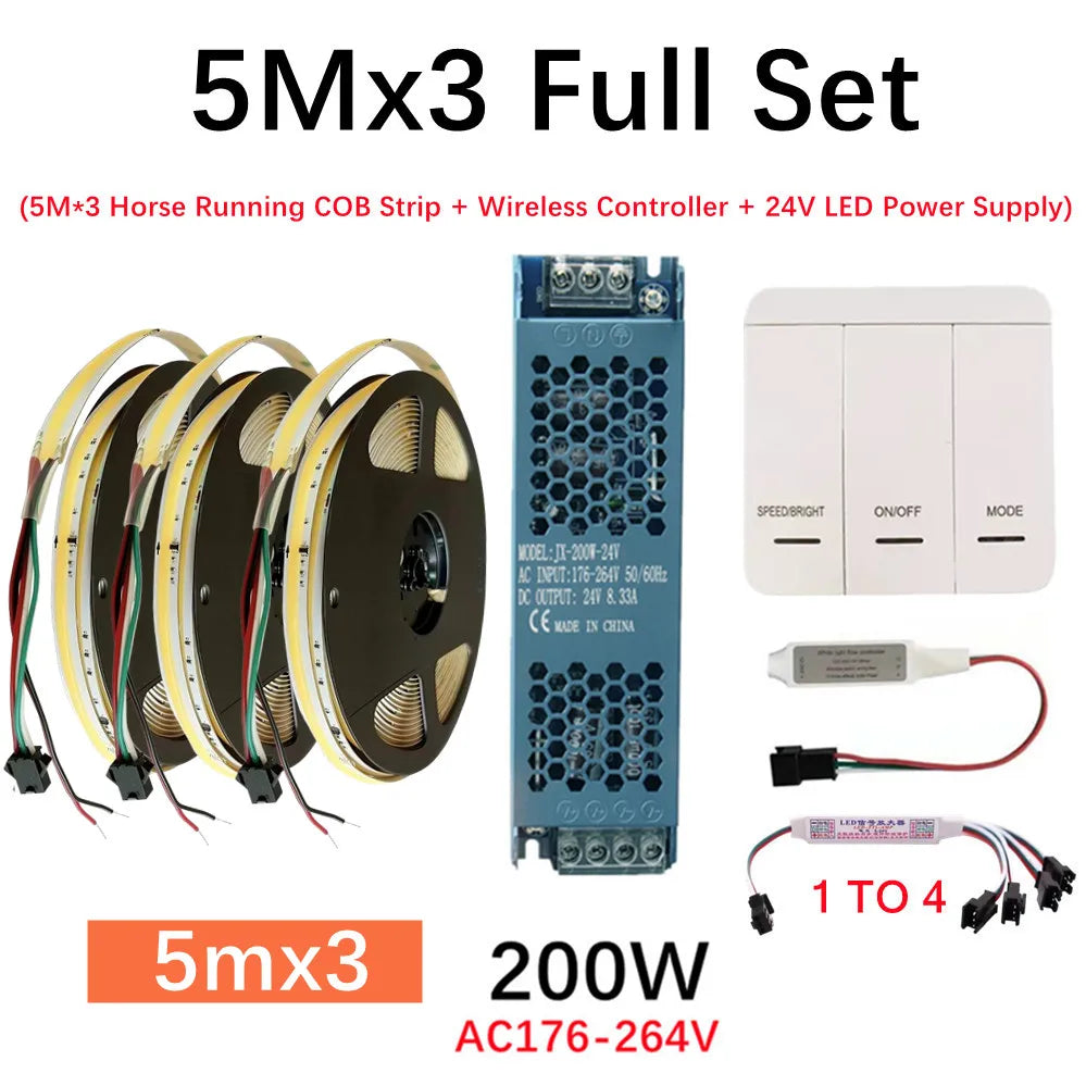 DC24V WS2811 COB LED Light Strip Kit 5M 10M 360LEDs/m Addressable Running Water Flowing Lamp With Wireless Controller Power Kit