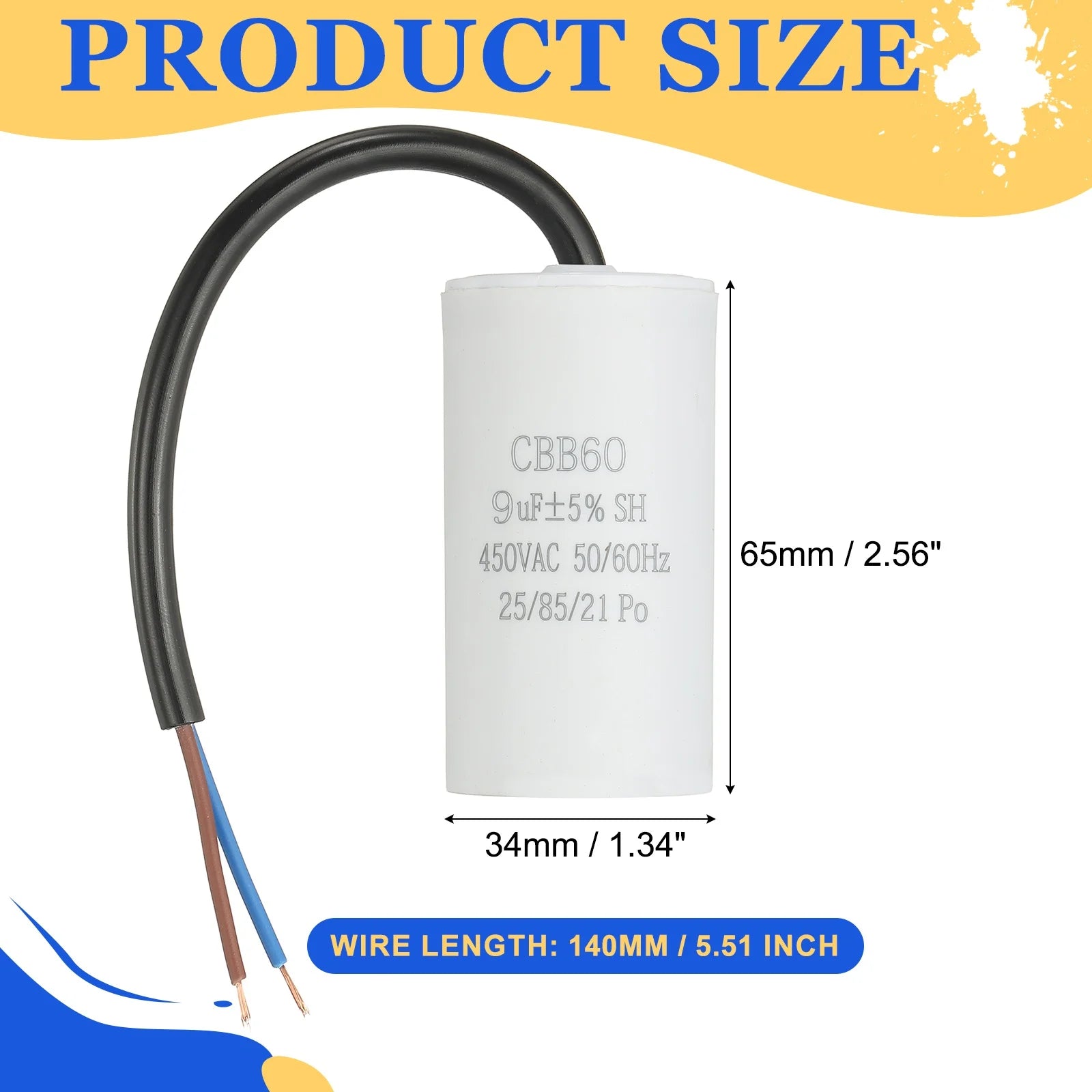 1Pcs CBB60 Run Capacitor 3uf-100uf 450V AC 2 Wires 50/60Hz Cylinder White for Air Compressor Water Pump Motor