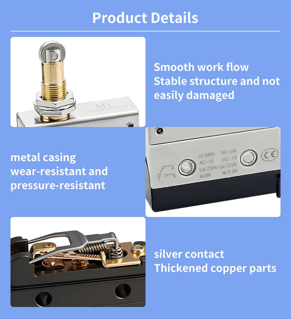 10Pcs Horizontal Limit Switch Long Hinge Roller Lever Momentary SPDT 1NO 1NC 380V 10A Industrial Travel Position Switch IP54