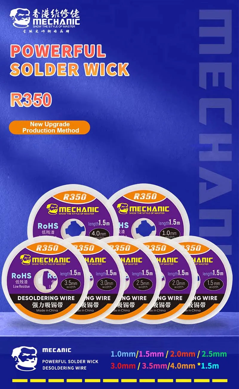 MECHANIC R350 Low Residue Solder Wick 1.0/1.5/2.0/2.5/3.0/3.5/4.0mm Pure Copper Tin Absorption Braid Electronics Repair Cleaning