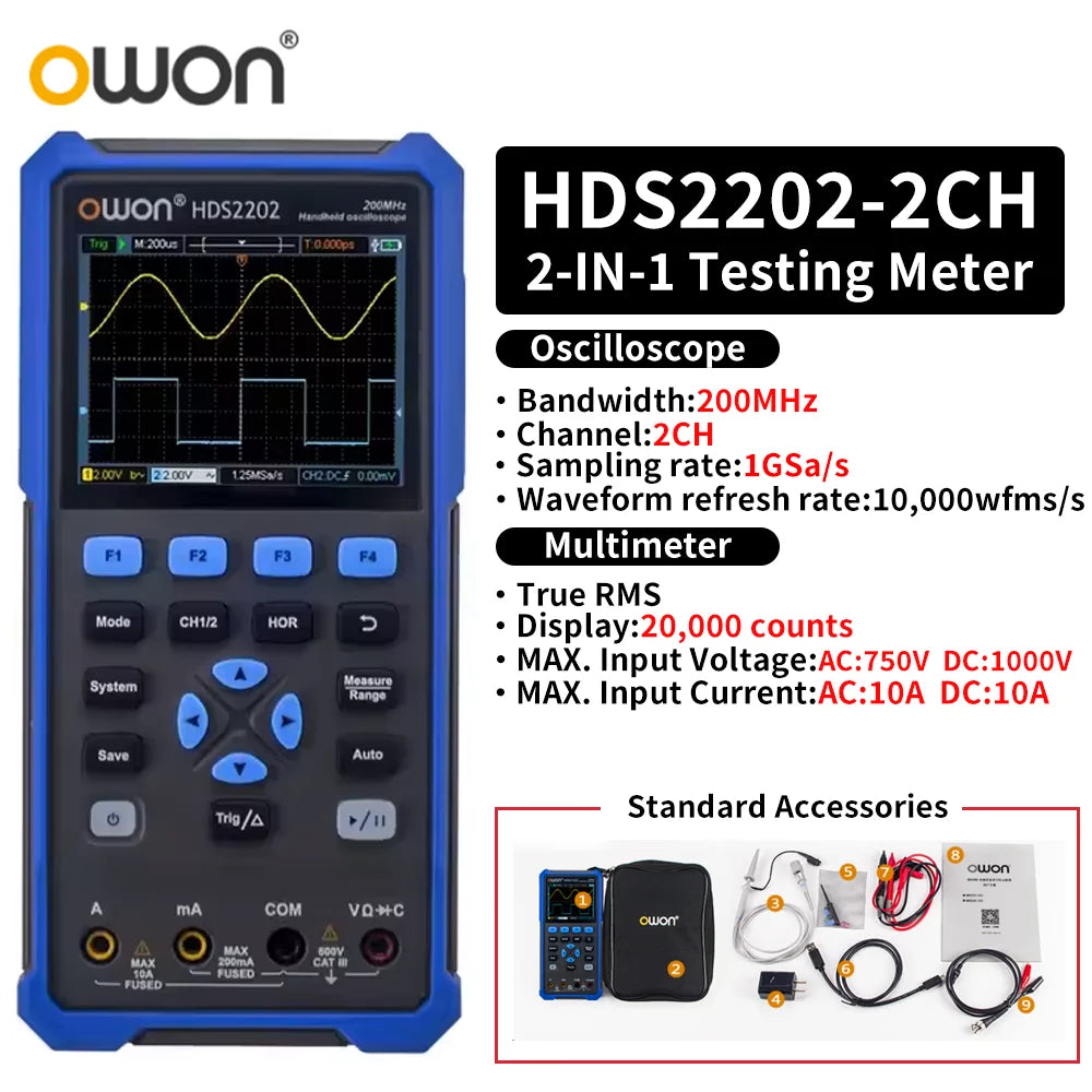 OWON HDS2102S/HDS272S/HDS242S Handheld 3-in-1 Digital Oscilloscope, Signal Generator, Multimeter | 100MHz Bandwidth, 2 Channels