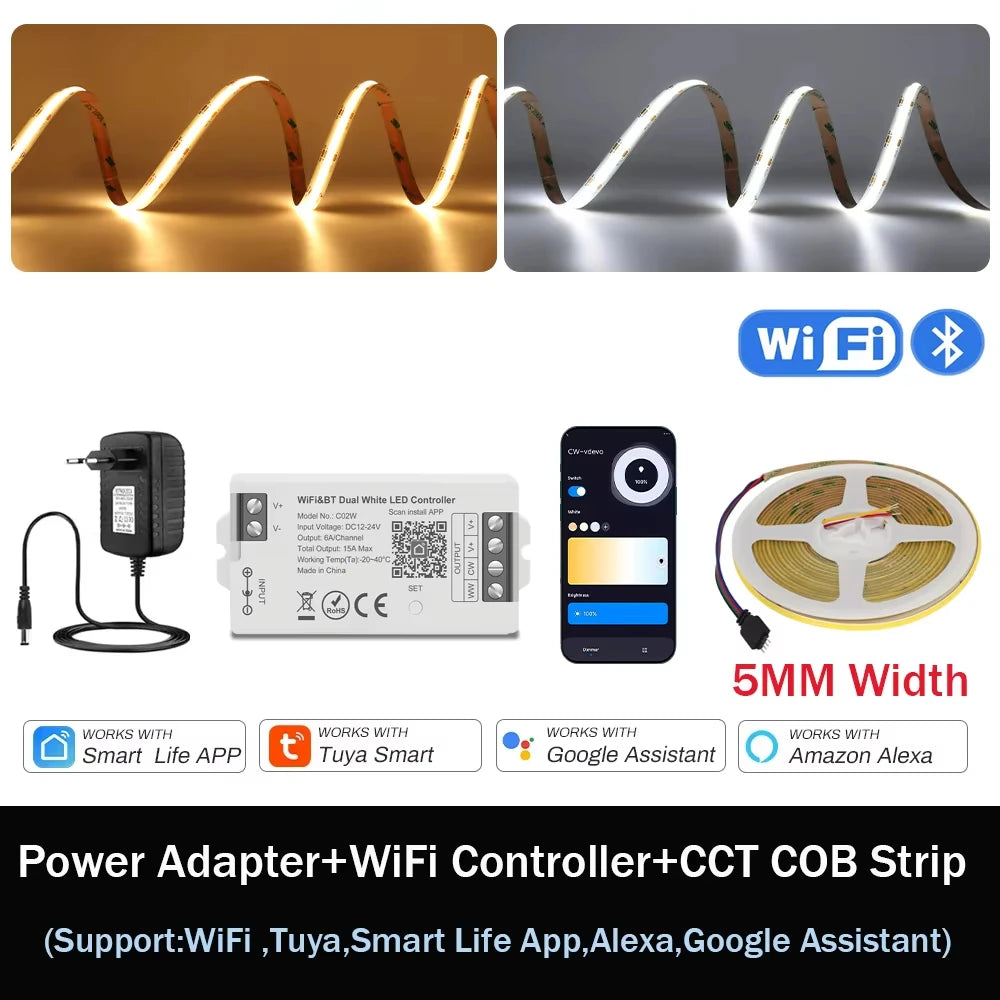 1-10M CCT 2700K-6500K Dimmable LED Strip 5mm 10mm COB LED Strip Light CCT Strip Tuya WiFi Controller Linear LED Tape With Dimmer