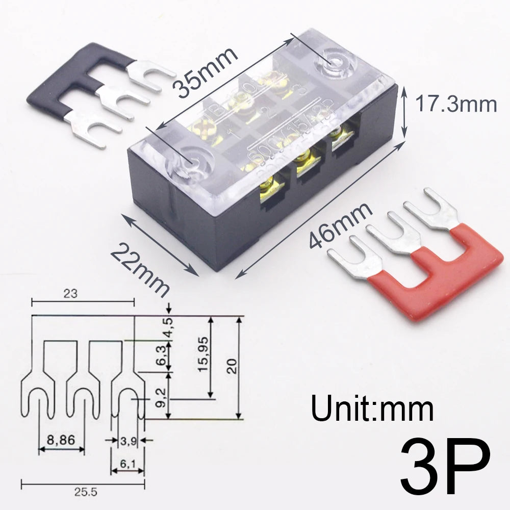 1pcs 15A 600V Dual Row Strip Screw Terminal Block With 2pcs Terminal Strip Short Piece TB Connector 3 4 5 6 8 10 12 Position