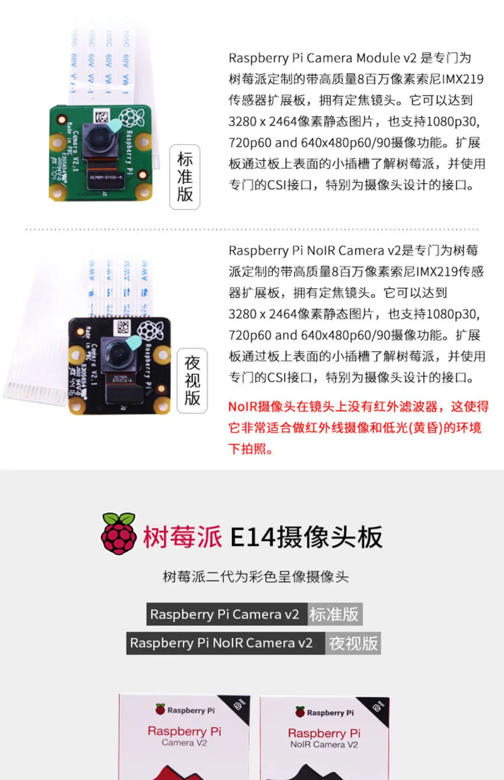 Official Raspberry Pi Camera Module V2 (RS/E14 Edition) - 8MP Sony IMX219 for Pi 4B/3B+/3B with CSI Ribbon Cable