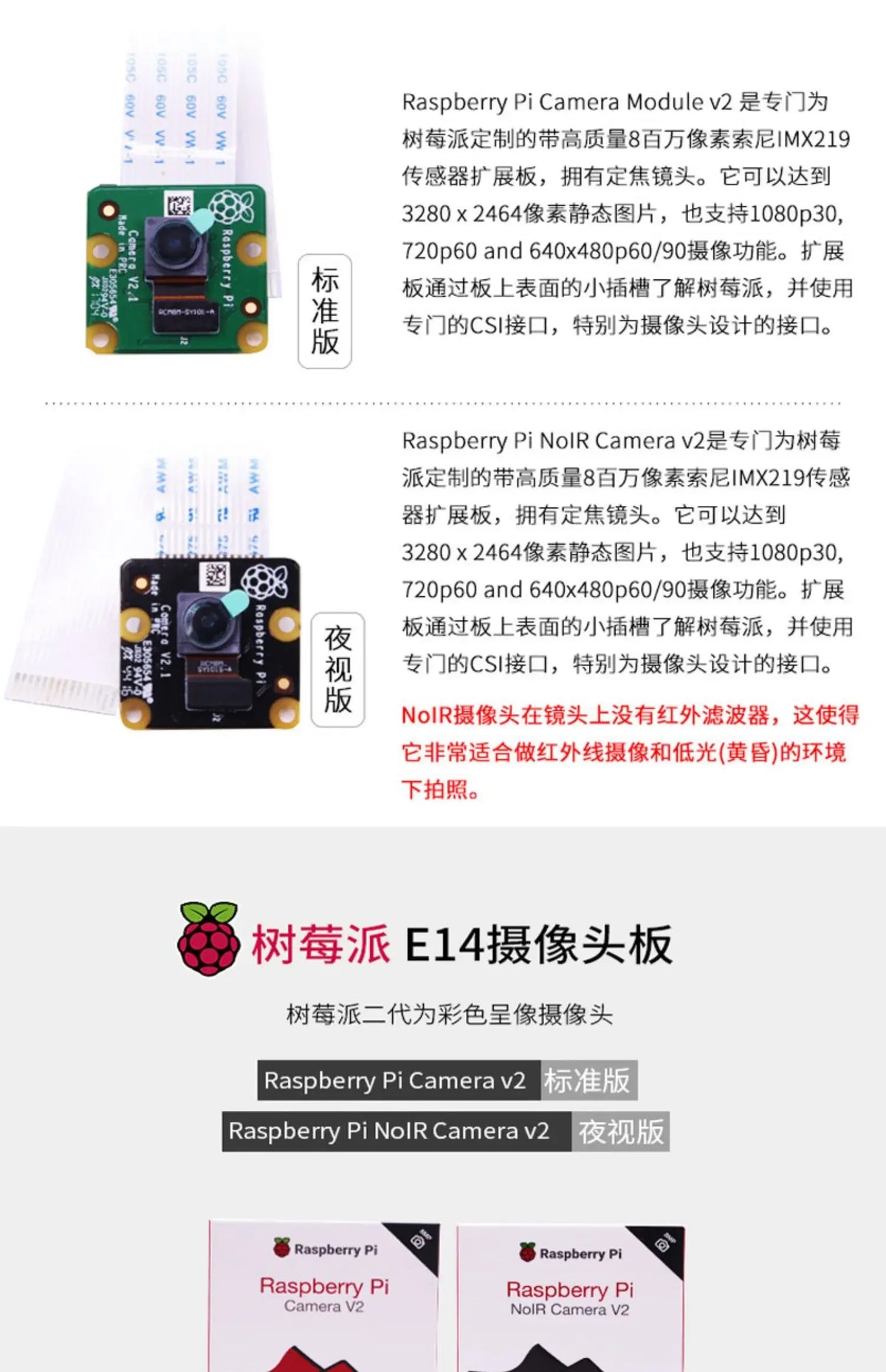 Official Raspberry Pi Camera Module V2 (RS/E14 Edition) - 8MP Sony IMX219 for Pi 4B/3B+/3B with CSI Ribbon Cable