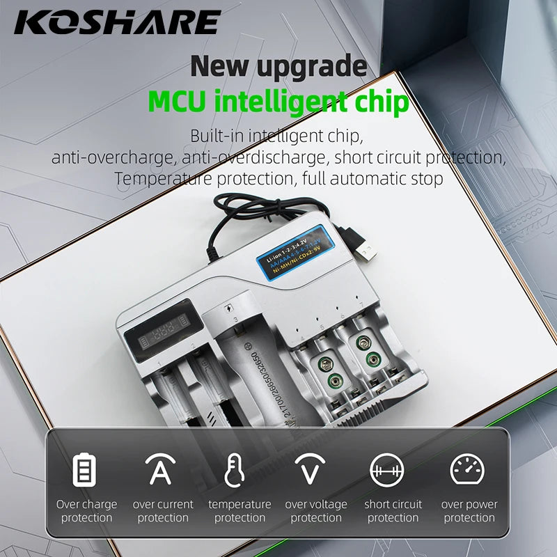 KOSHARE LED Smart Battery Charger For AA AAA Ni-MH Ni-Cd 9V Batteries 18650/16340/14500/21700 /26650/32650 Lithium Battery