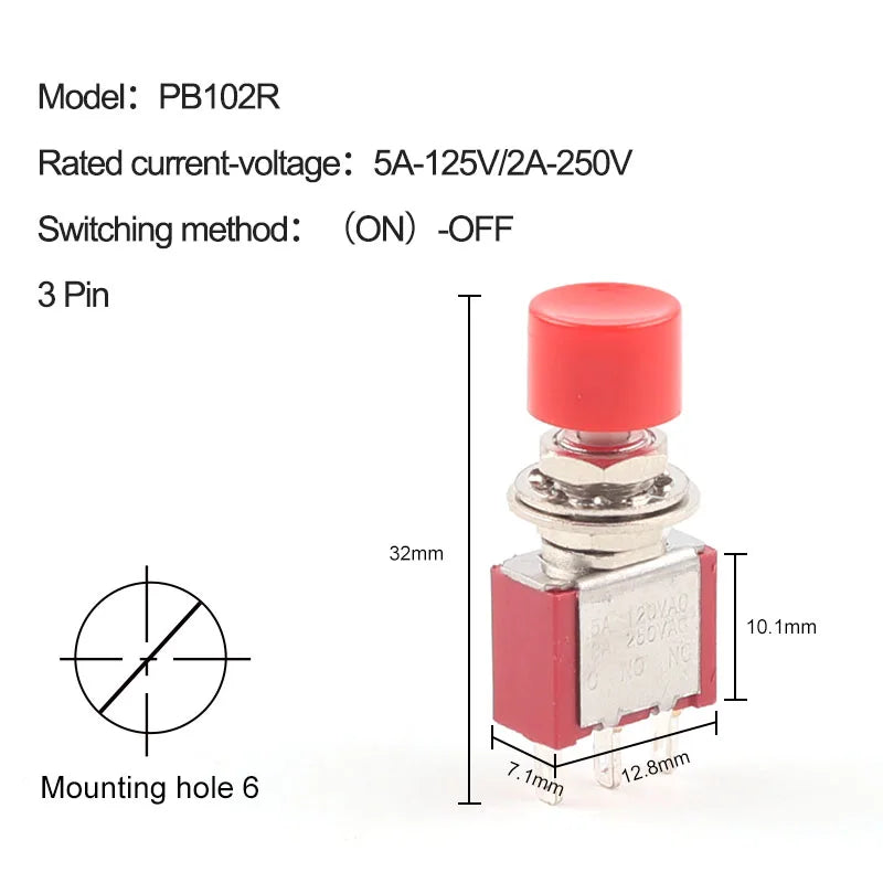5PCS 3Pin C-NO-NC Reset Latching Toggle Switch Automatic return Push Button (ON)-OFF 5A125V/2A250V 6mm Mini Toggle Switches
