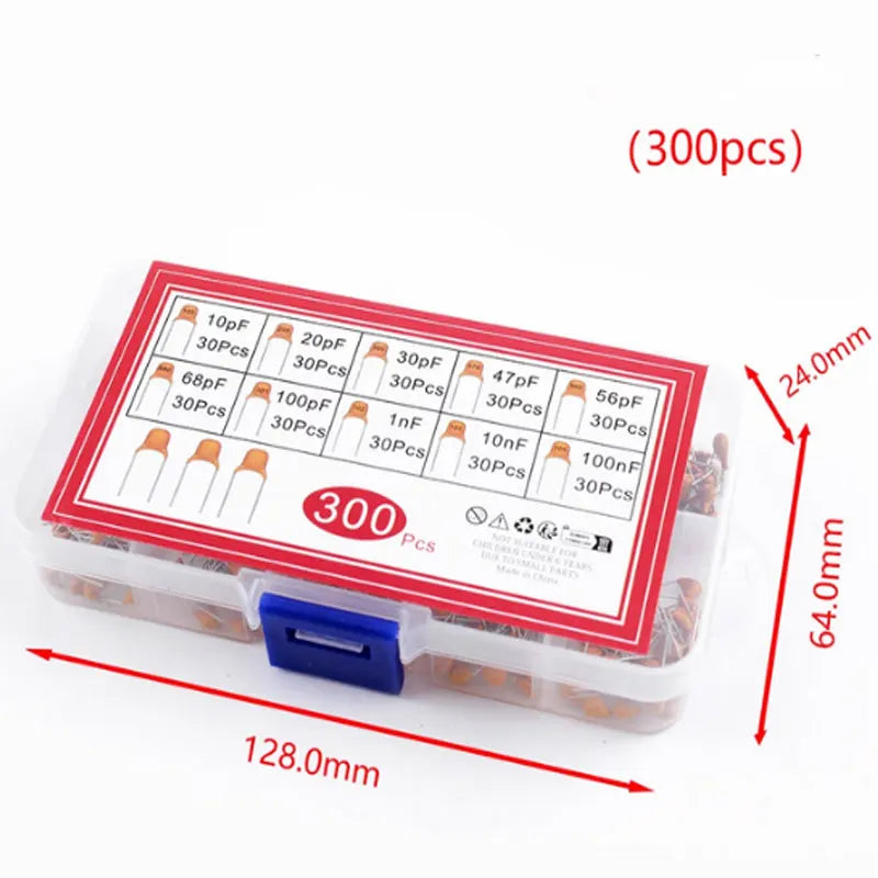 300pcs 10 kinds of monolithic capacitors(10pF~100nF) direct insertion non-polarised 50V ceramic capacitor component set