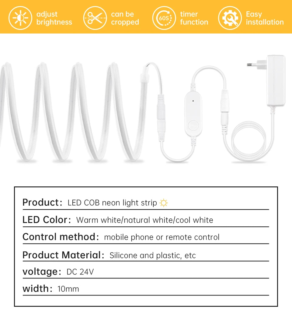 Tuya Alexa WIFI COB LED Strip Light Dimmable 280LEDs/M Neon Lights Waterproof Pure Silicone Tube for Kitchen Room Garden Decor