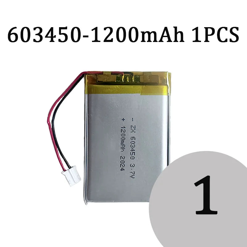 603450 3.7V 1200mAh Lithium Polymer LiPo Rechargeable Battery with jst PH 2.0mm 2pin plug For MP3 Laptop PC Camera GPS