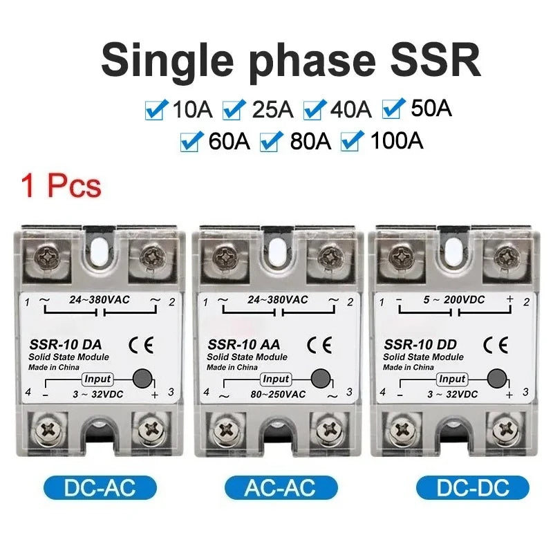 1pcs Solid State Relay Single Phase Non-contact SSR DC To DC AC To AC DC To AC 24-380VAC 10A 25A 40A 50A 60A 80A 100A