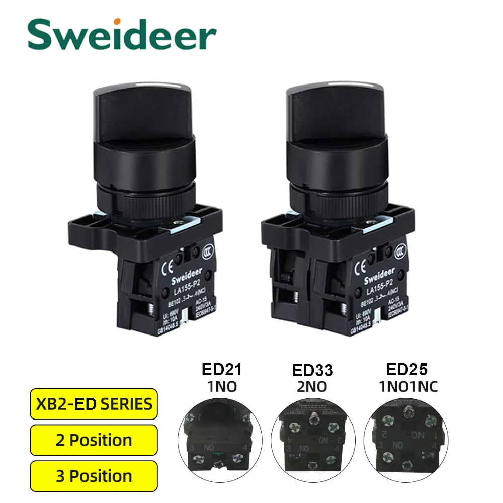 22mm XB2-ED21 XB2-ED33 XB2-ED25 Self-locking/Latching Knob Switch 10A/600V 2 Position 3 Position Select Button Switch