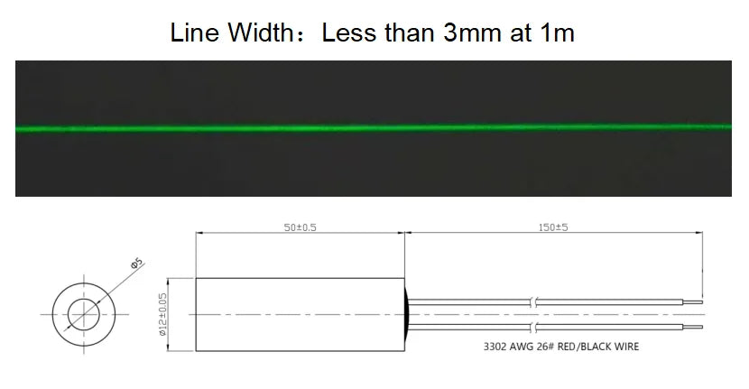 Economical Compact Green Line Laser Diode Module 520nm D12mm 5mW 3V 5V 12V 24V Industrial Grade for Woodworking Machinery