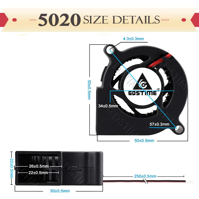 Gdstime 5015 24v Fan 4010 Snail Fan 2PIN DC 5V 12V 3D Printer Mini Fan 7015 7530 Cooling Fan 3010 5020 Turbo Fan Radial Cooler