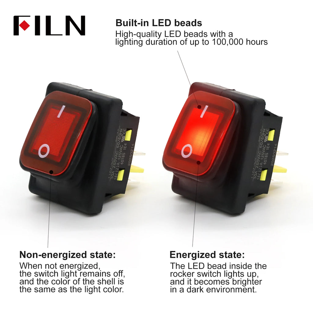 FILN 30A Heavy Duty Waterproof Rocker Switch 4 Pins IP67 12V 24V 110V 220V Ideal for Boat Marine Car Accessories Toggle Switches