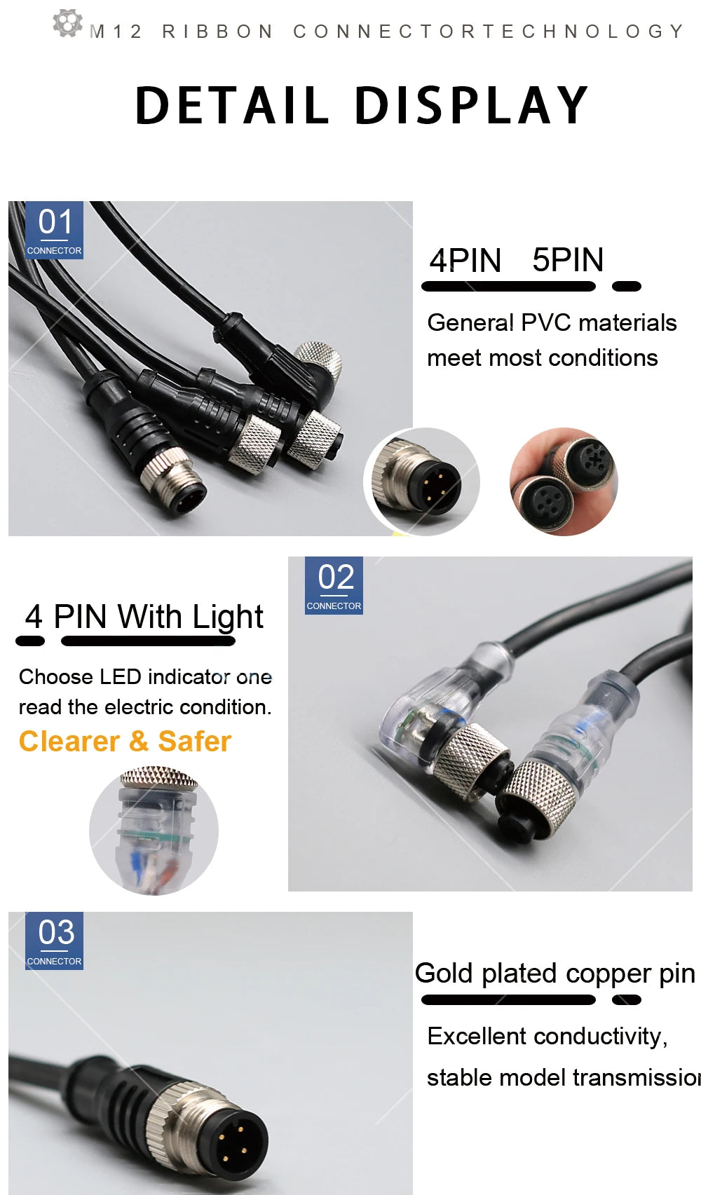 2m Line M12 4 5 Pins PVC LED IP67 Sensor Cable Connector Type A Socket Plug  Waterproof Male&Female Straight Angle Flange
