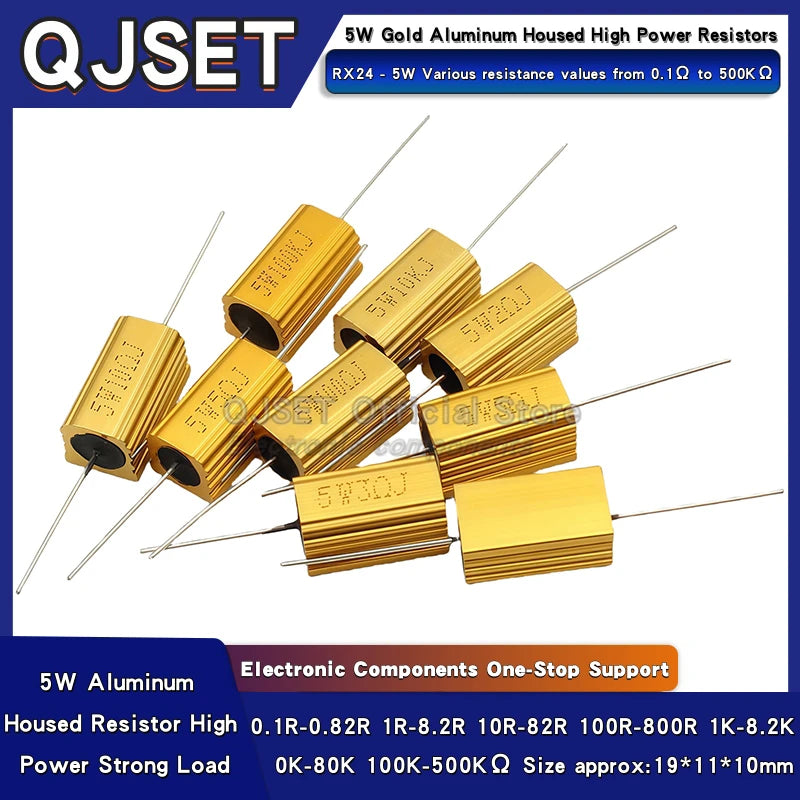 1pcs Gold Aluminum Housed High Power Resistors RX24-5W 0.1R 1R 2 3 4 5 6 8 10 20 47 100 150 200 300 470 Ohm 1K Ohm 10K 100K Ohms