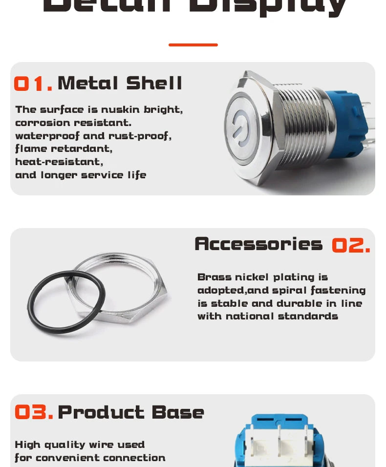 19MM LED Metal Button Switch Stainless Steel 1NO1NC Momentary Latching High Head Lamp Waterproof Button 12V 24V 220V